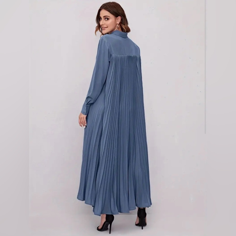 SHEIN Dusty Blue Button-Front Pleated Back Maxi Shirt Dress Size M